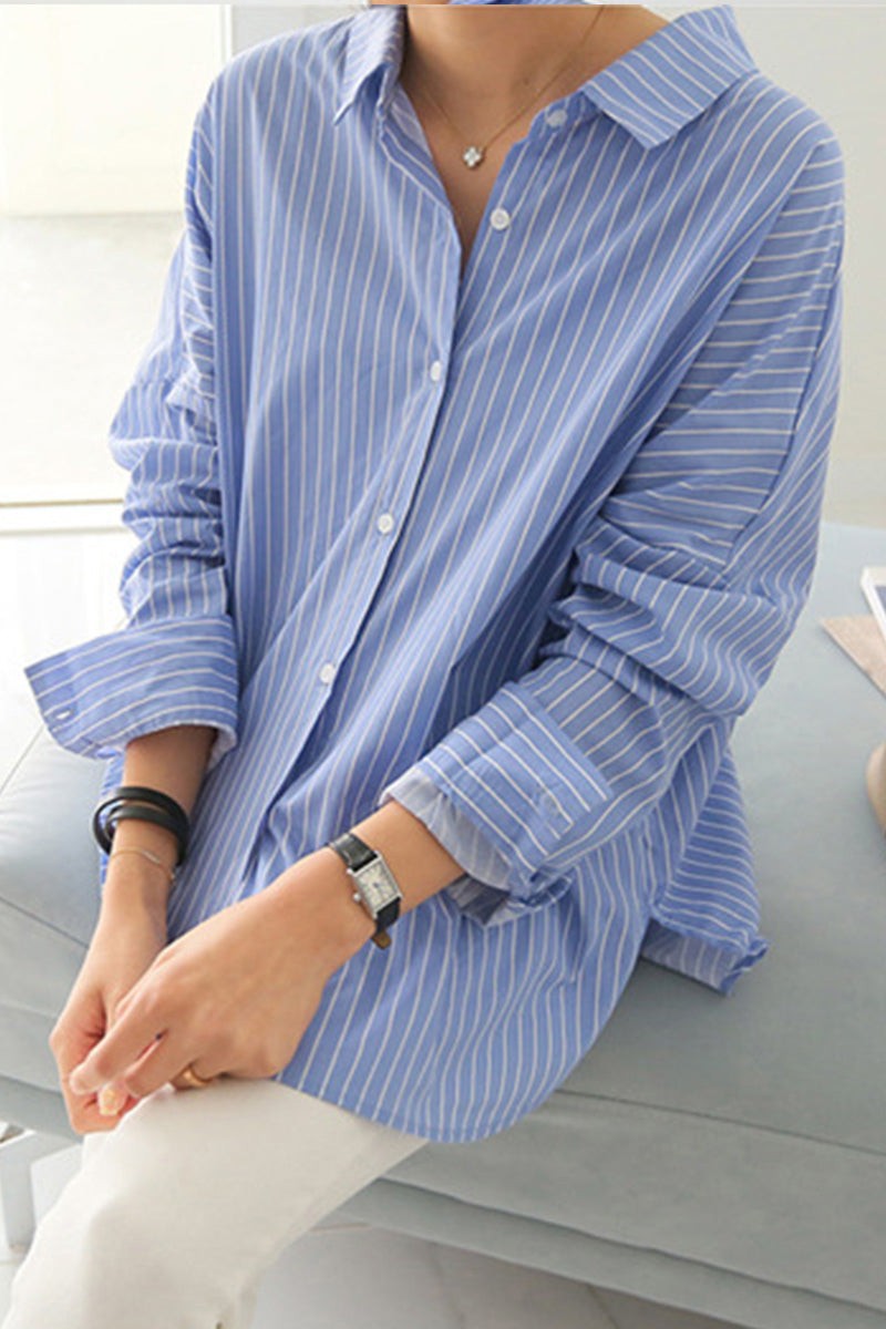 100 cotton oversized blue striped shirt with relaxed fit and button-down front
