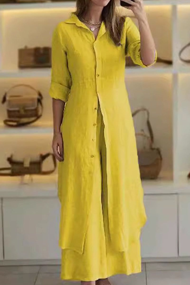 Refined Comfort coordinated wide-leg two-piece set in yellow with flowy, elegant design and wrinkle-resistant fabric.