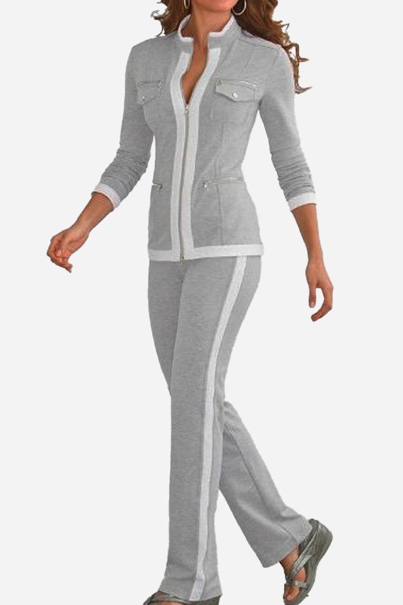 Grey contrast zip two-piece set with soft stretch fabric and flattering silhouette