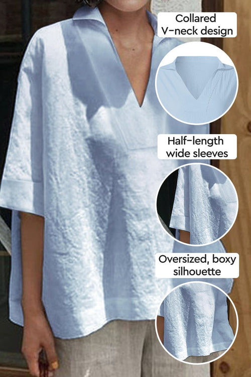 Light blue Cotton-Linen V-Neck shirt with collared neckline, half-length wide sleeves, and relaxed oversized fit.