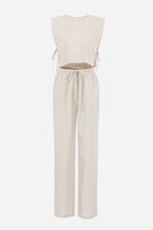 Breathable cotton-linen blend two-piece sleeveless top and drawstring pants set in beige