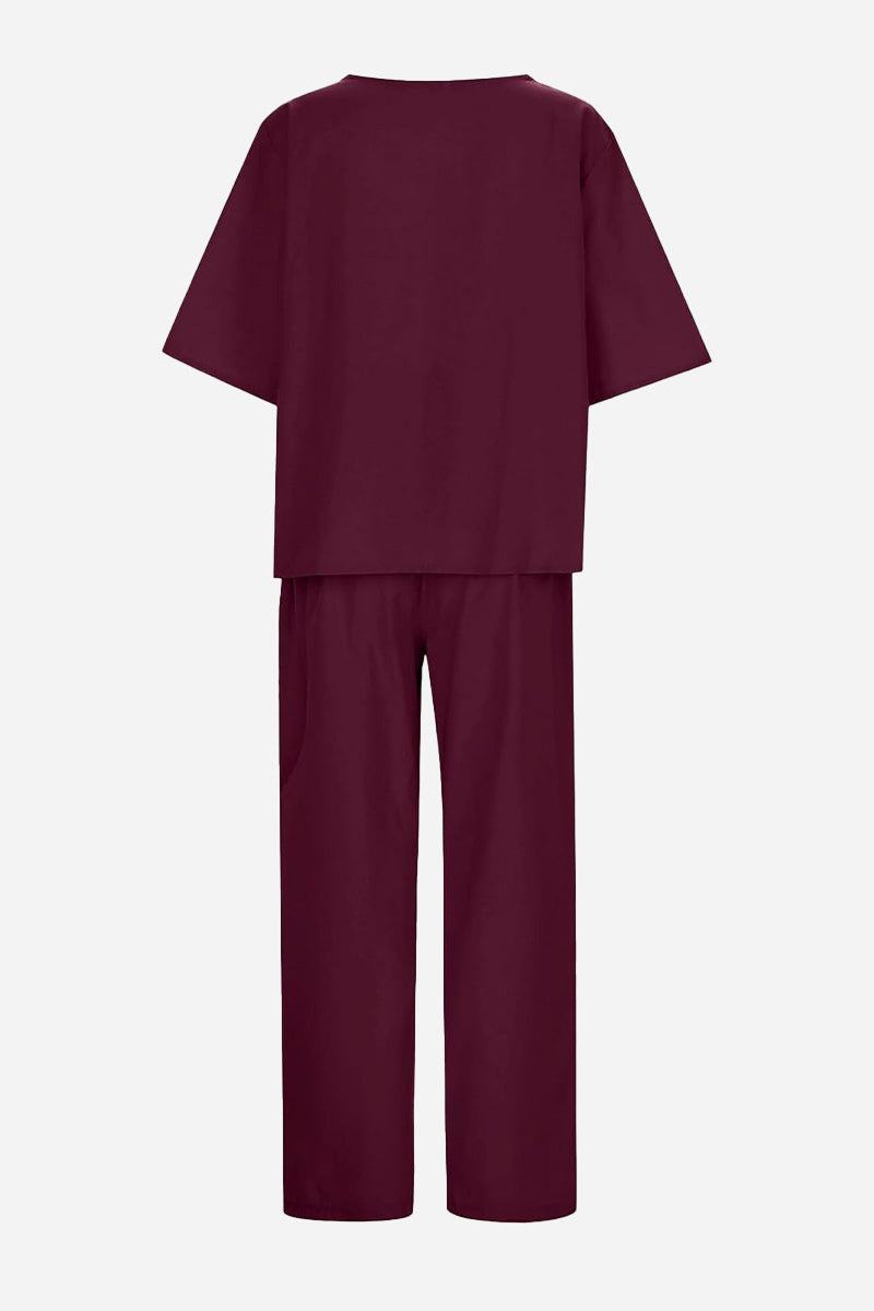 Cotton-linen blend monochrome two-piece set in deep burgundy, breathable relaxed fit top and pants