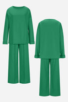 Green relaxed fit two-piece set with wide-leg pants and long sleeve top shown from front and back.