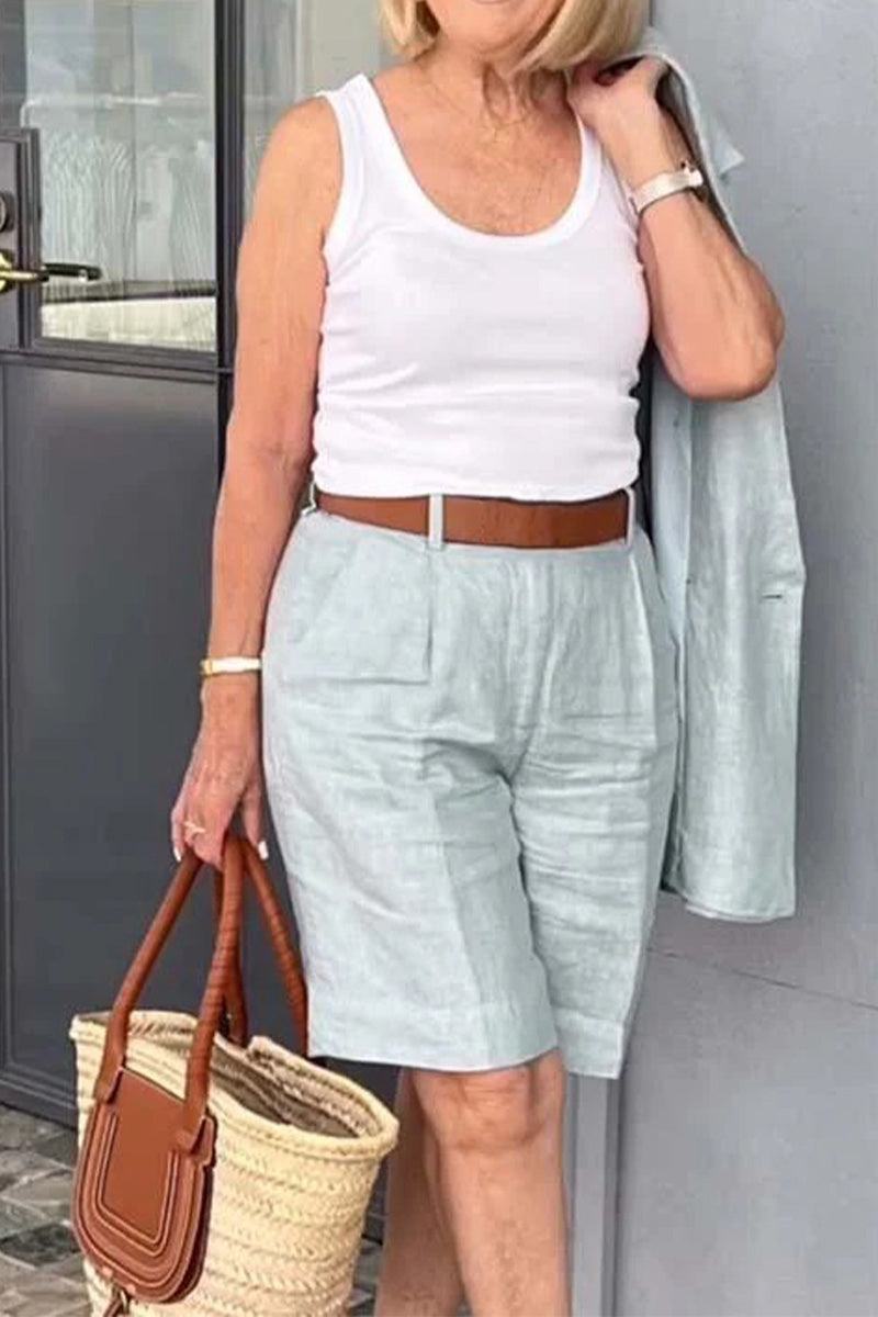 Stylish blazer and shorts two-piece set with light fabric, tailored fit, and casual chic look for mature women