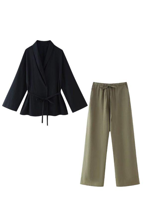Versatile black wrap top with belt and olive wide-leg pants mix-match lounge-to-travel set