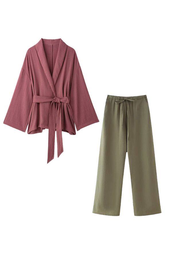 Dusty rose loose wrap top with ties and olive wide-leg pants mix-match lounge-to-travel set