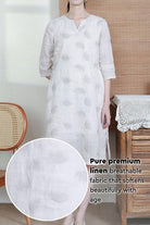 100 linen dress breathable embroidered notch-neck midi dress with 3/4 sleeves in white