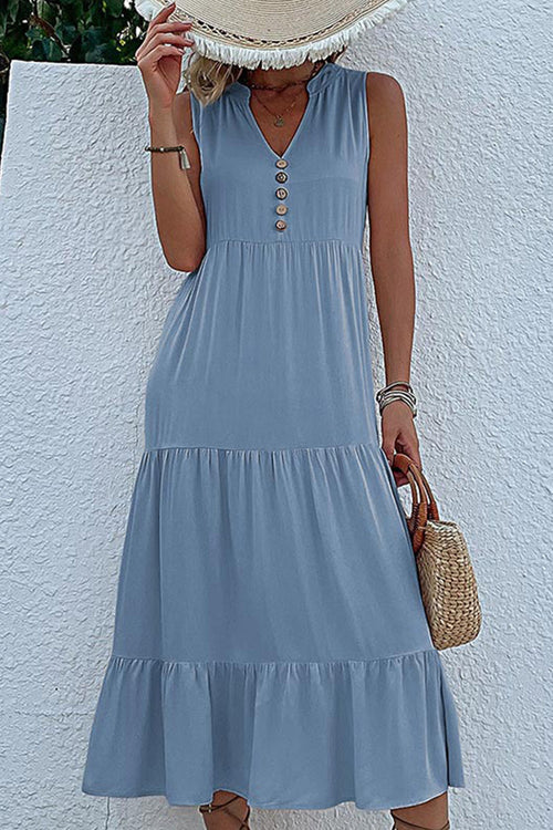 Bohemian Tiered Midi Dress with V-Neck Button Detail