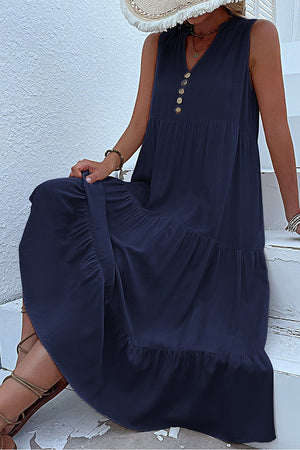 Bohemian Tiered Midi Dress with V-Neck Button Detail