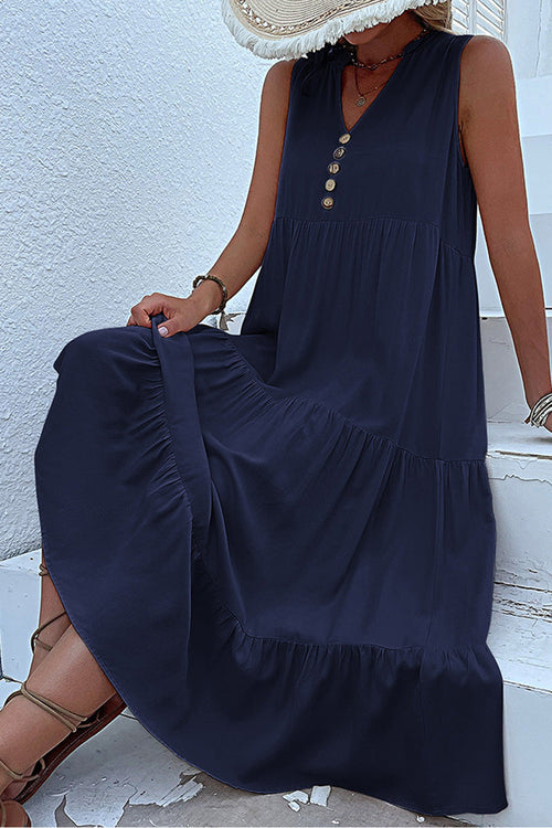 Bohemian Tiered Midi Dress with V-Neck Button Detail