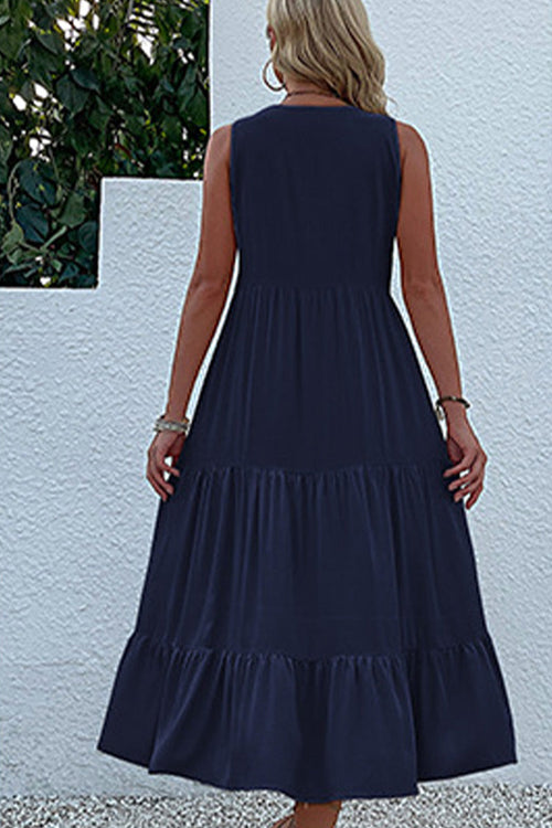 Bohemian Tiered Midi Dress with V-Neck Button Detail