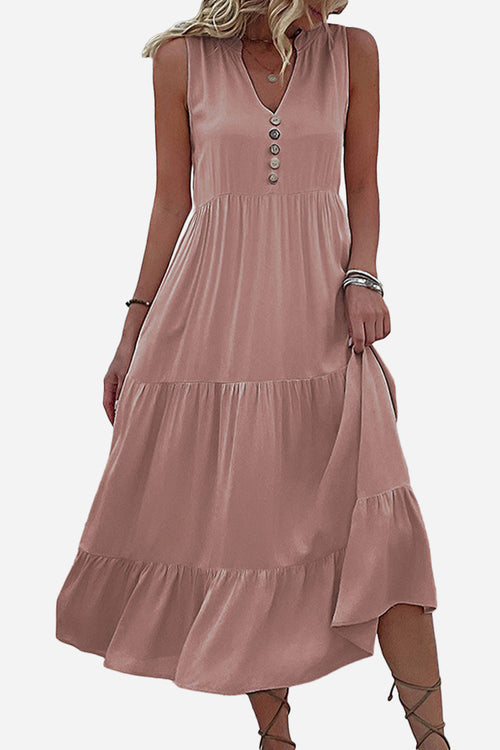 Bohemian Tiered Midi Dress with V-Neck Button Detail