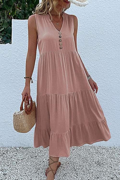Bohemian Tiered Midi Dress with V-Neck Button Detail