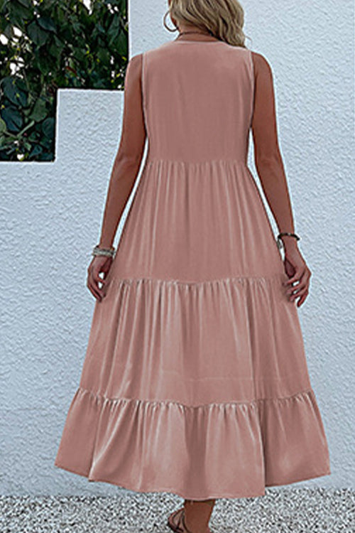 Bohemian Tiered Midi Dress with V-Neck Button Detail