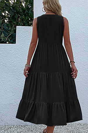 Bohemian Tiered Midi Dress with V-Neck Button Detail