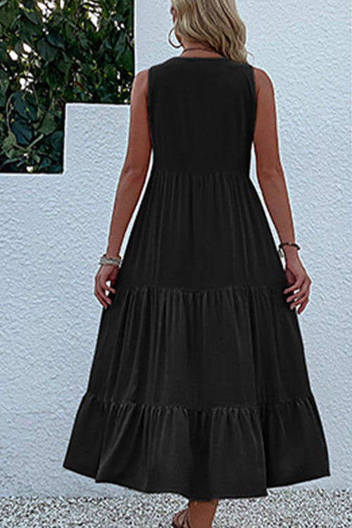 Bohemian Tiered Midi Dress with V-Neck Button Detail