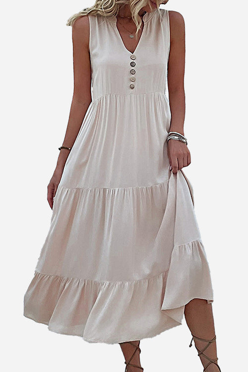 Bohemian Tiered Midi Dress with V-Neck Button Detail