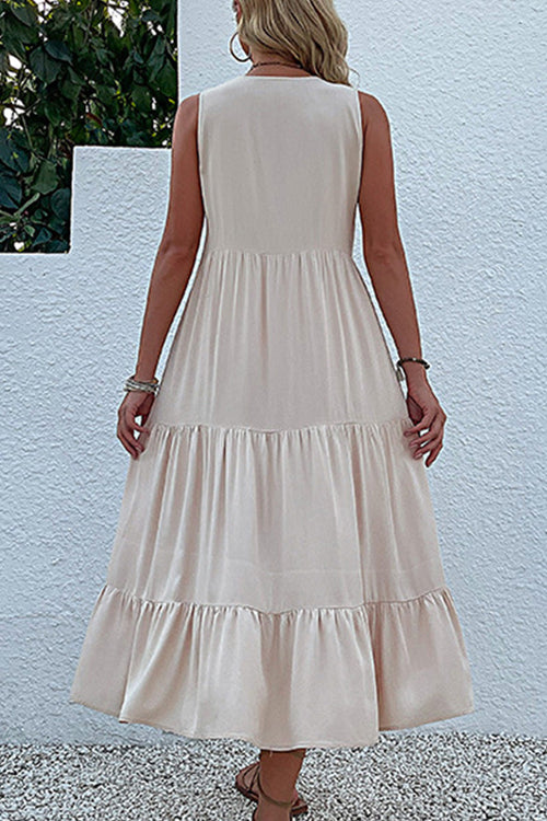Bohemian Tiered Midi Dress with V-Neck Button Detail