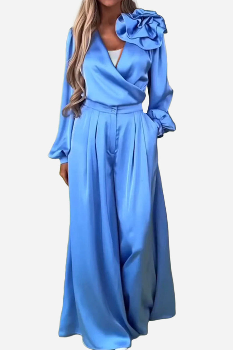Satin Two-Piece Statement Shoulder & Palazzo Set