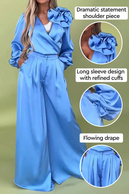 Satin Two-Piece Statement Shoulder & Palazzo Set