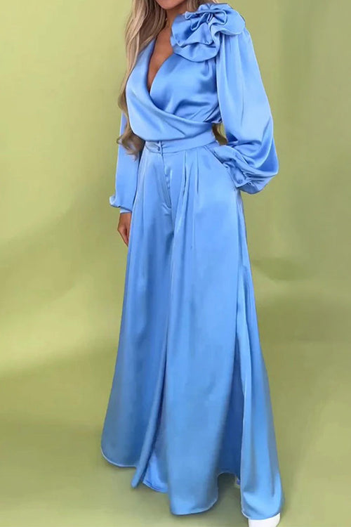 Satin Two-Piece Statement Shoulder & Palazzo Set