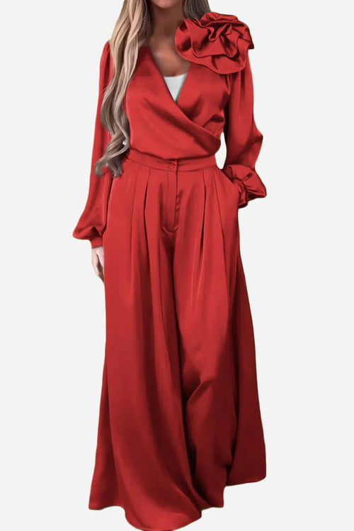 Satin Two-Piece Statement Shoulder & Palazzo Set