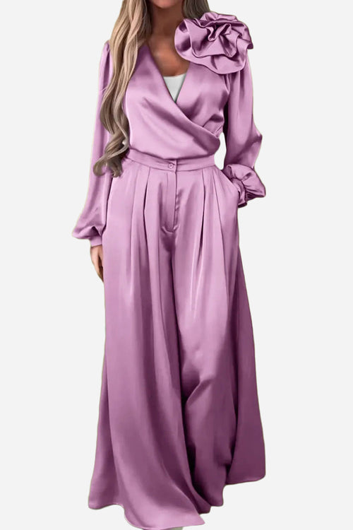Satin Two-Piece Statement Shoulder & Palazzo Set