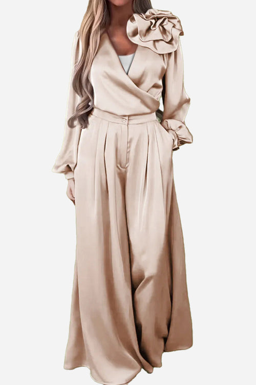 Satin Two-Piece Statement Shoulder & Palazzo Set