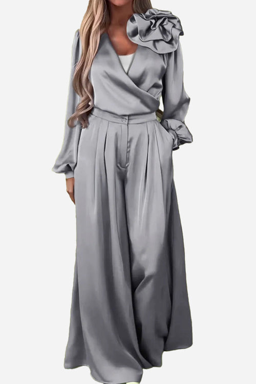 Satin Two-Piece Statement Shoulder & Palazzo Set