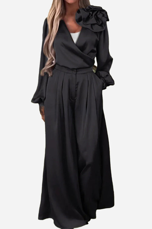 Satin Two-Piece Statement Shoulder & Palazzo Set