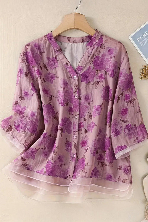 French Boutique Style Organza Floral Print Blouse
