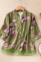 French boutique style organza floral print blouse with lightweight, breathable fabric in green and pink hues