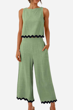 Scalloped Trim Sleeveless Top & Wide Leg Pants Set