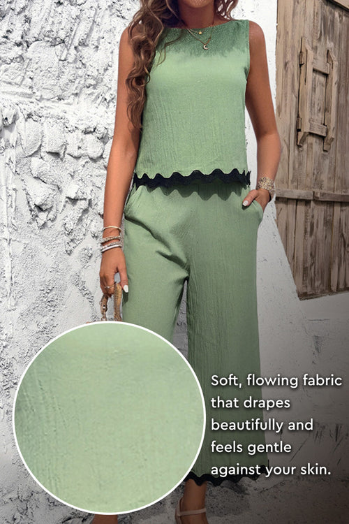 Scalloped Trim Sleeveless Top & Wide Leg Pants Set