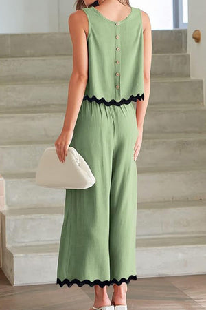 Scalloped Trim Sleeveless Top & Wide Leg Pants Set