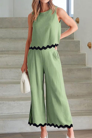 Scalloped Trim Sleeveless Top & Wide Leg Pants Set