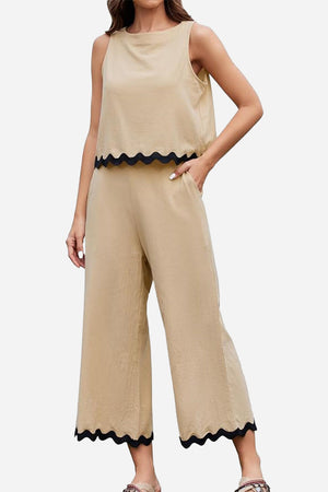 Scalloped Trim Sleeveless Top & Wide Leg Pants Set