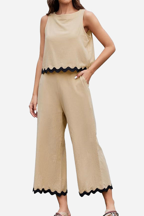 Scalloped Trim Sleeveless Top & Wide Leg Pants Set