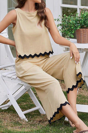 Scalloped Trim Sleeveless Top & Wide Leg Pants Set