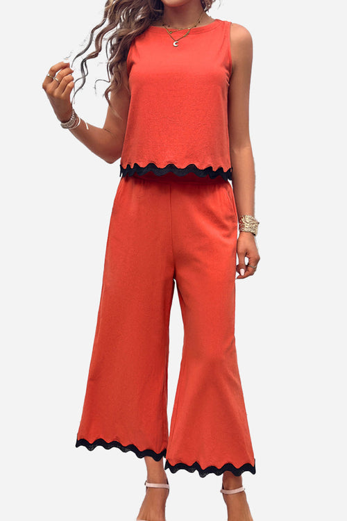 Scalloped Trim Sleeveless Top & Wide Leg Pants Set