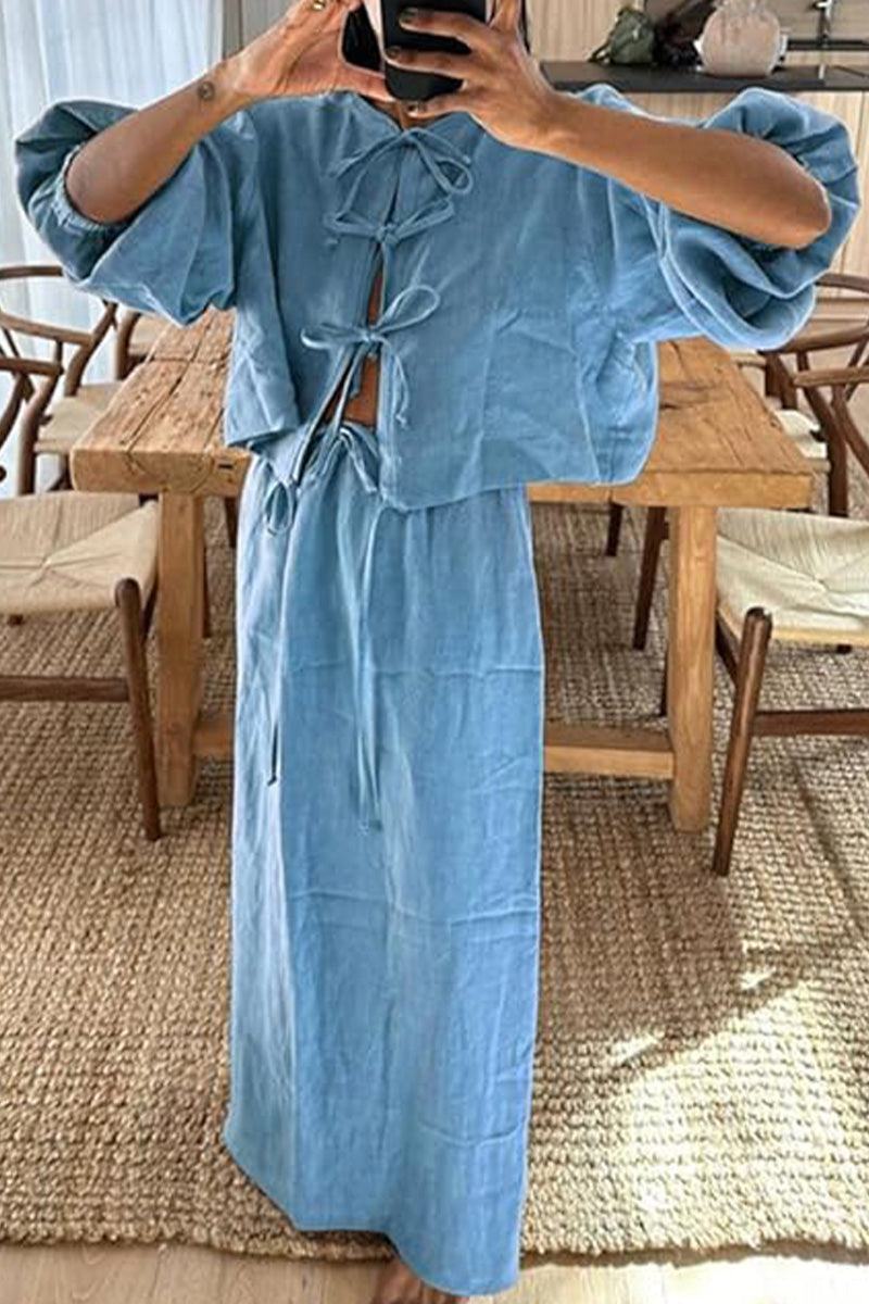 Blue 100% cotton long-sleeve crop top and maxi skirt set with tie-front detail