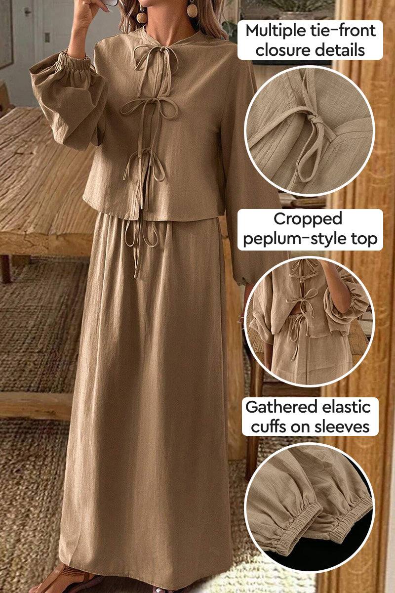 100 cotton long-sleeve crop top and maxi skirt set with tie-front details and gathered elastic sleeve cuffs