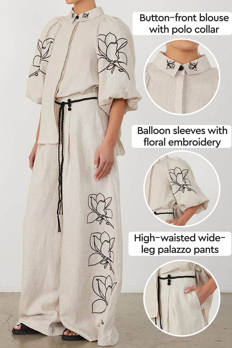 Dolce Vita Cotton Linen set with balloon sleeves, floral embroidery, and wide-leg palazzo pants.