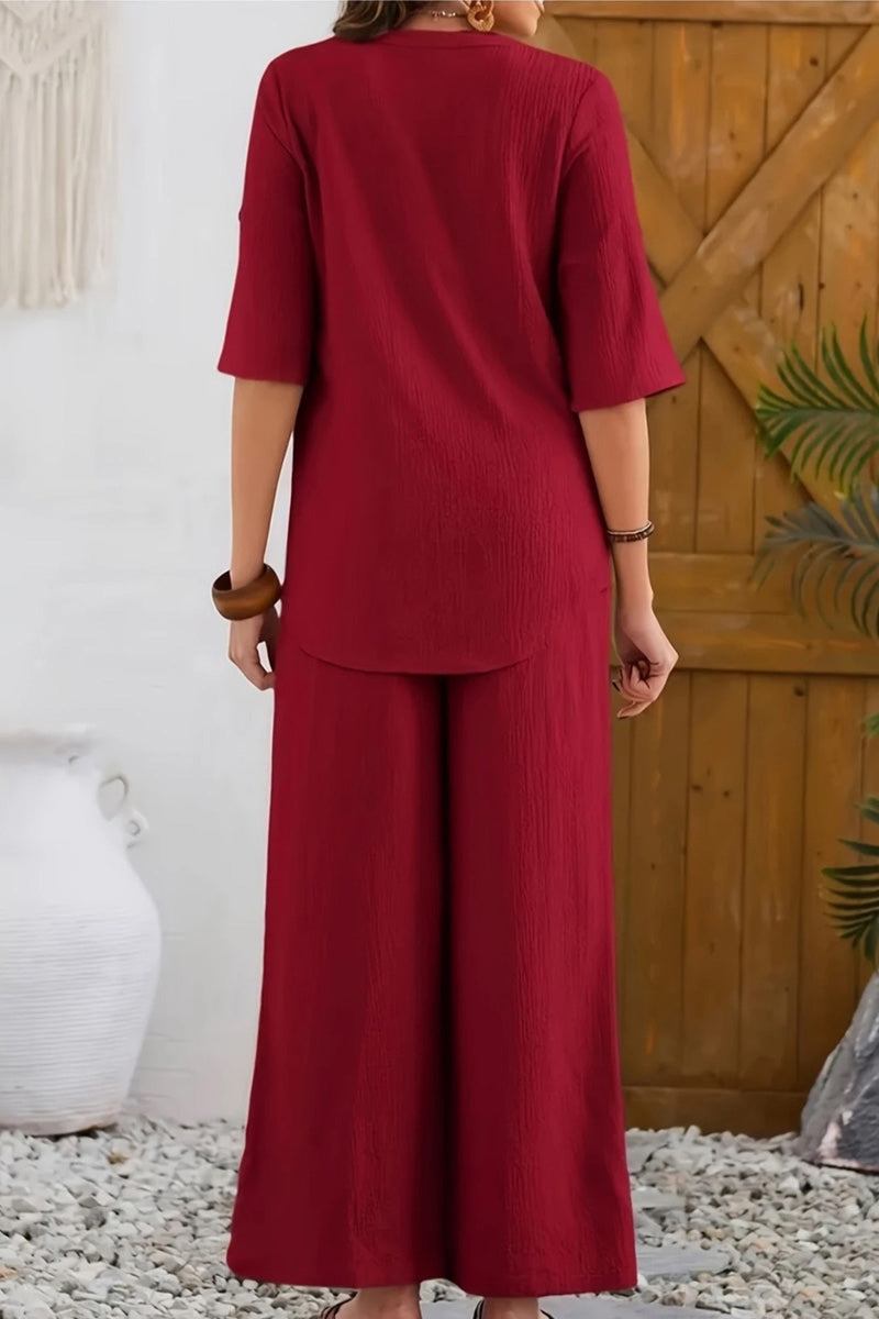 Wrinkle-Free Wide Leg & Top Set in red polyester fabric, featuring a relaxed button-front top and wide-leg palazzo pants.