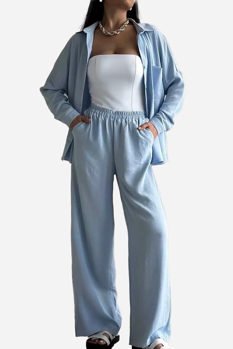 Light blue relaxed fit wide-leg two-piece set with button-up shirt and elastic waist pants for travel and casual wear