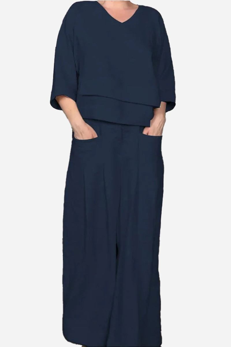 Atelier Serenity Layered Two-Piece Set navy breathable relaxed fit top and wide-leg trousers