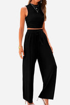 Black Stroll & Hangout Ribbed Knit two-piece set with sleeveless crop top and wide-leg pants