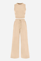 Stroll & Hangout Ribbed Knit beige sleeveless top and wide-leg pants two-piece set