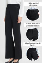 Black retro stretch trousers with high-waisted silhouette, clean pressed creases, and slightly stretchable fabric for professional wear