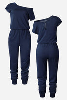 Moonlit Rome Off-Shoulder navy jumpsuit with oblique shoulder design and elastic waist